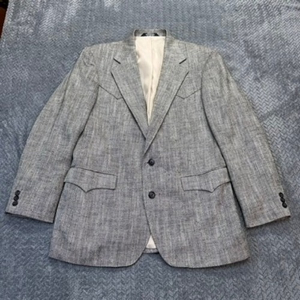 Taos Country Sport Coat Mens 40 Western Grey Herringbone Silk Blend Blazer VTG